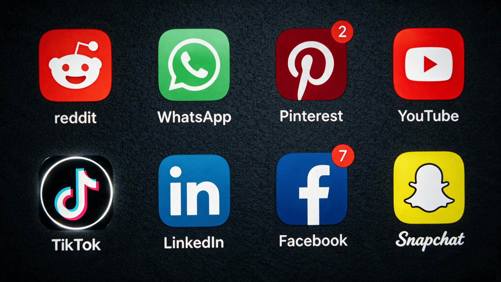 Social media app icons including Reddit, WhatsApp, Pinterest, YouTube, TikTok, LinkedIn, Facebook, and Snapchat
