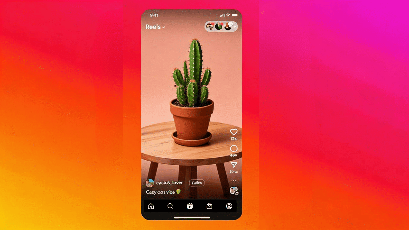 Instagram Reels screen displaying a cactus plant video on a smartphone with social media interface and colorful gradient background.