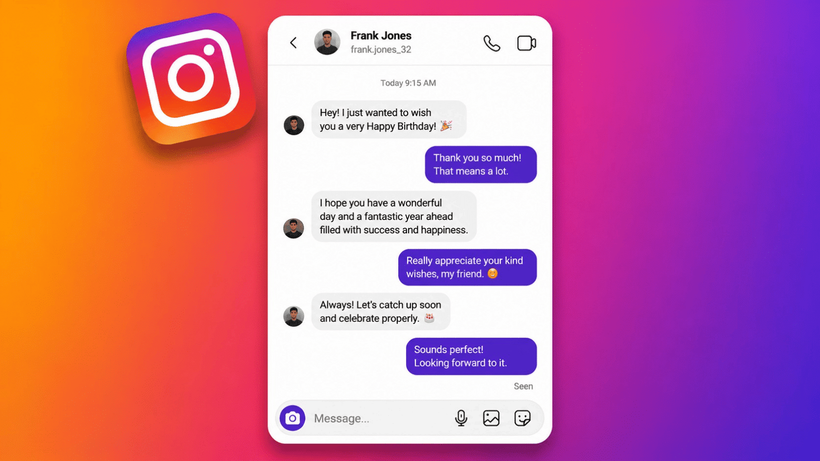 Instagram-style birthday chat window centered on a colorful gradient background with friendly message exchange.