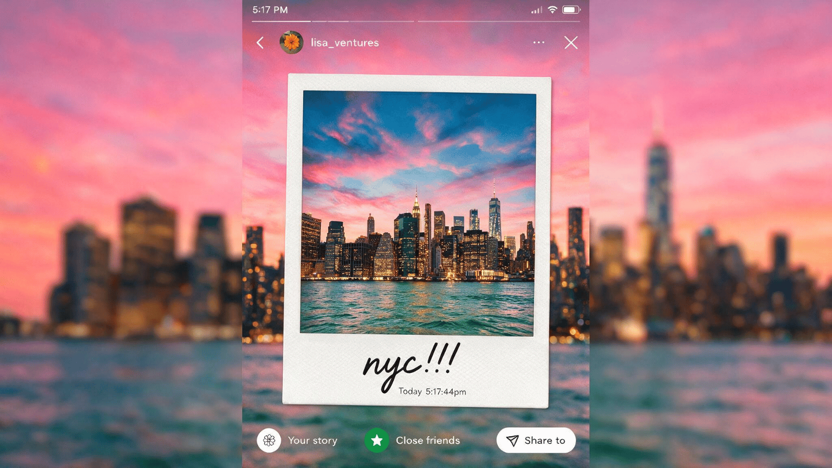 New York City skyline photo with pink sunset sky, waterfront view, and a polaroid-style Instagram story frame.