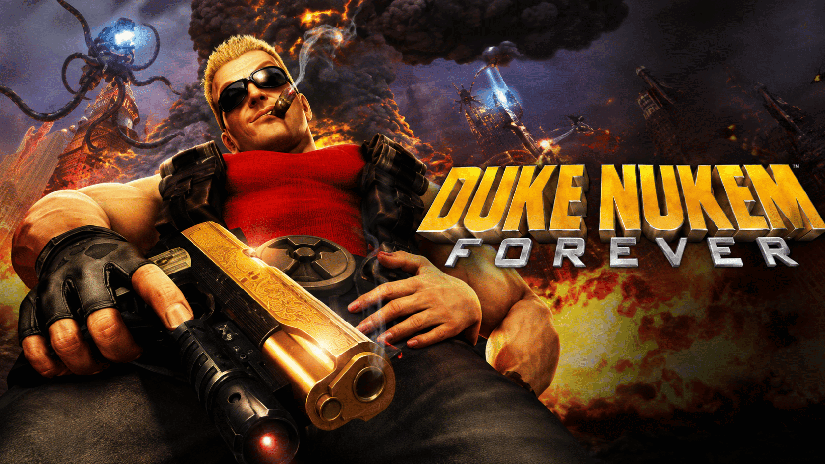 Duke Nukem holding a large weapon against a burning city background