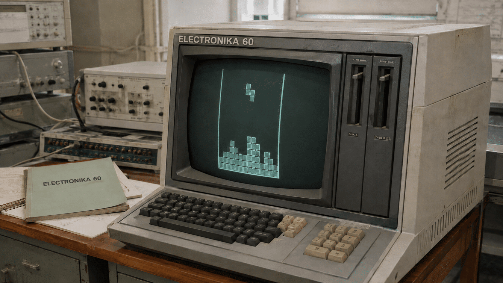 Electronika 60 displaying falling blocks, representing early Tetris and notable video game facts.