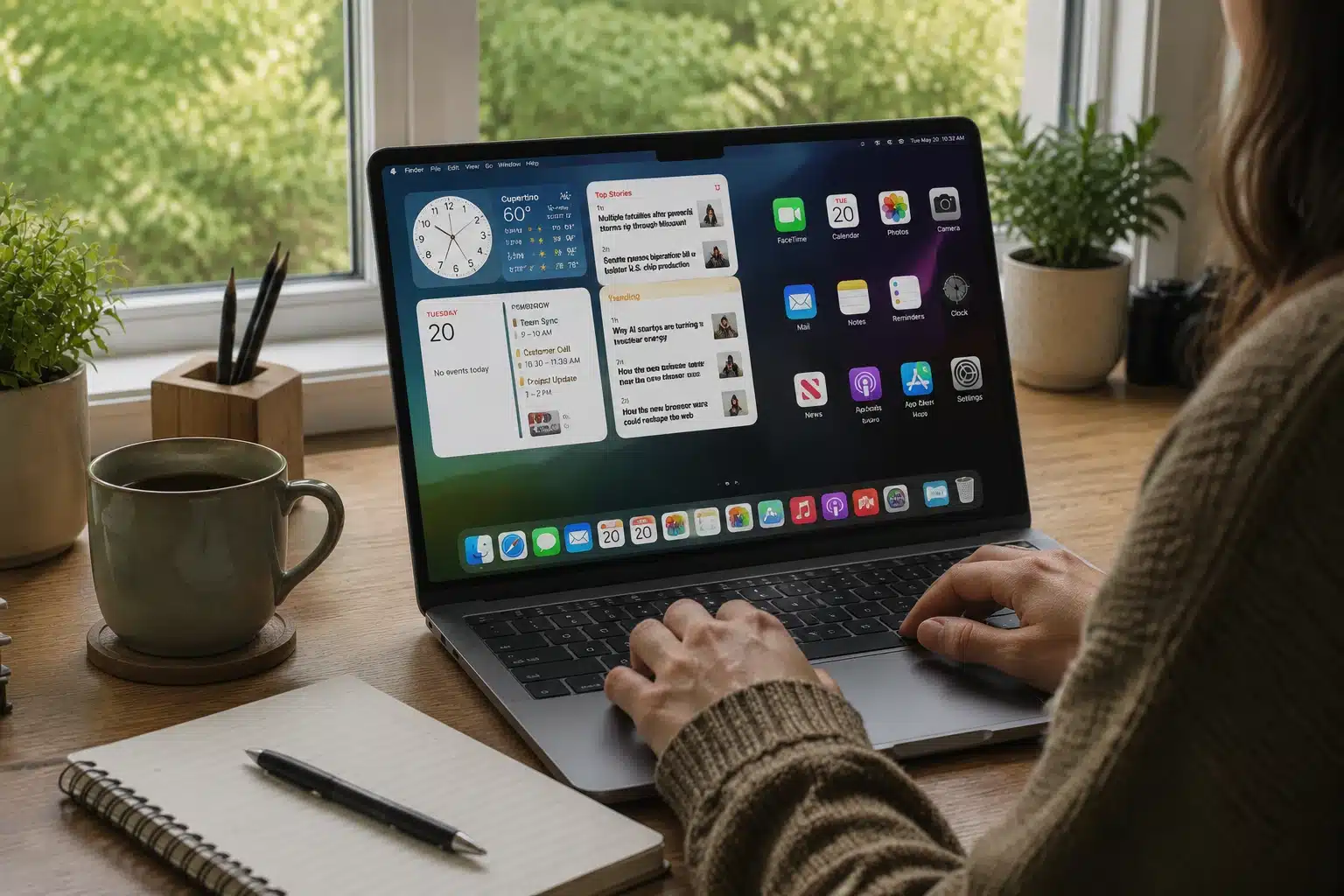 person working comfortably on laptop near window with reduced display glare