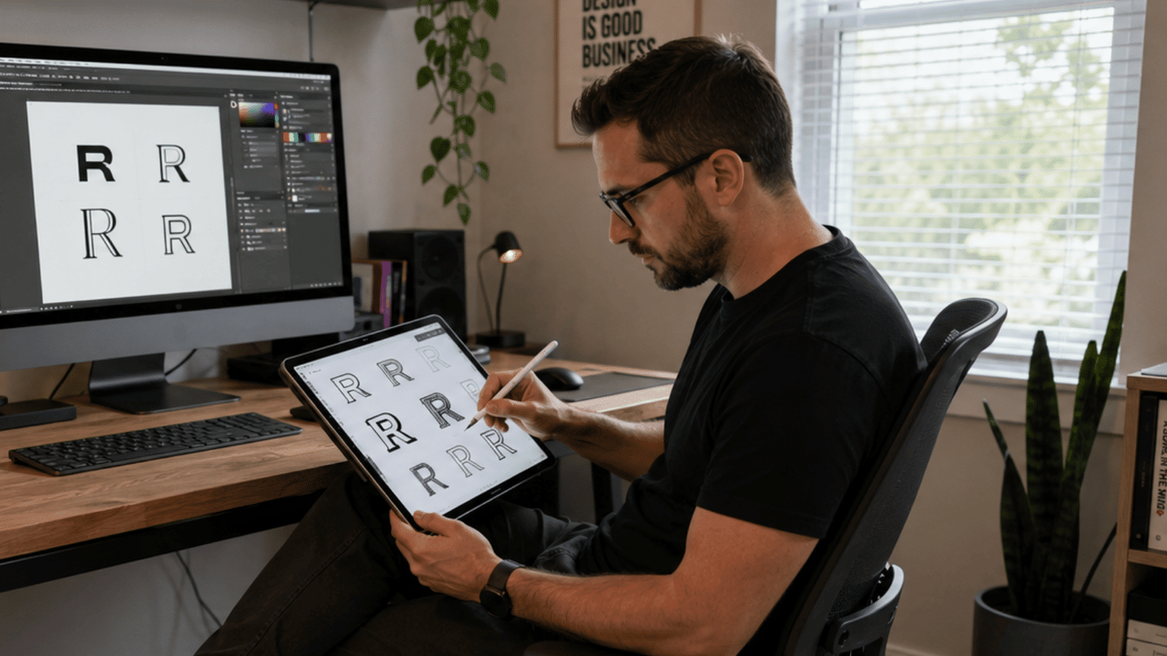 Man using an iPad with stylus for letter design work at a creative desk workspace with monitor and drawing tools.