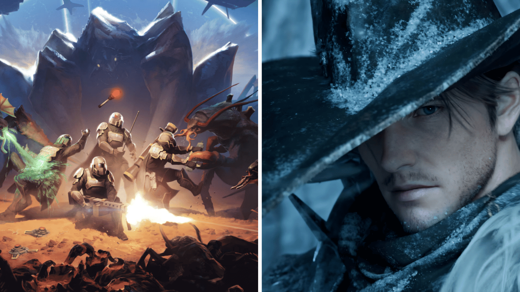 Fantasy action games showing armored warriors in battle and a character in a snowy cinematic scene.