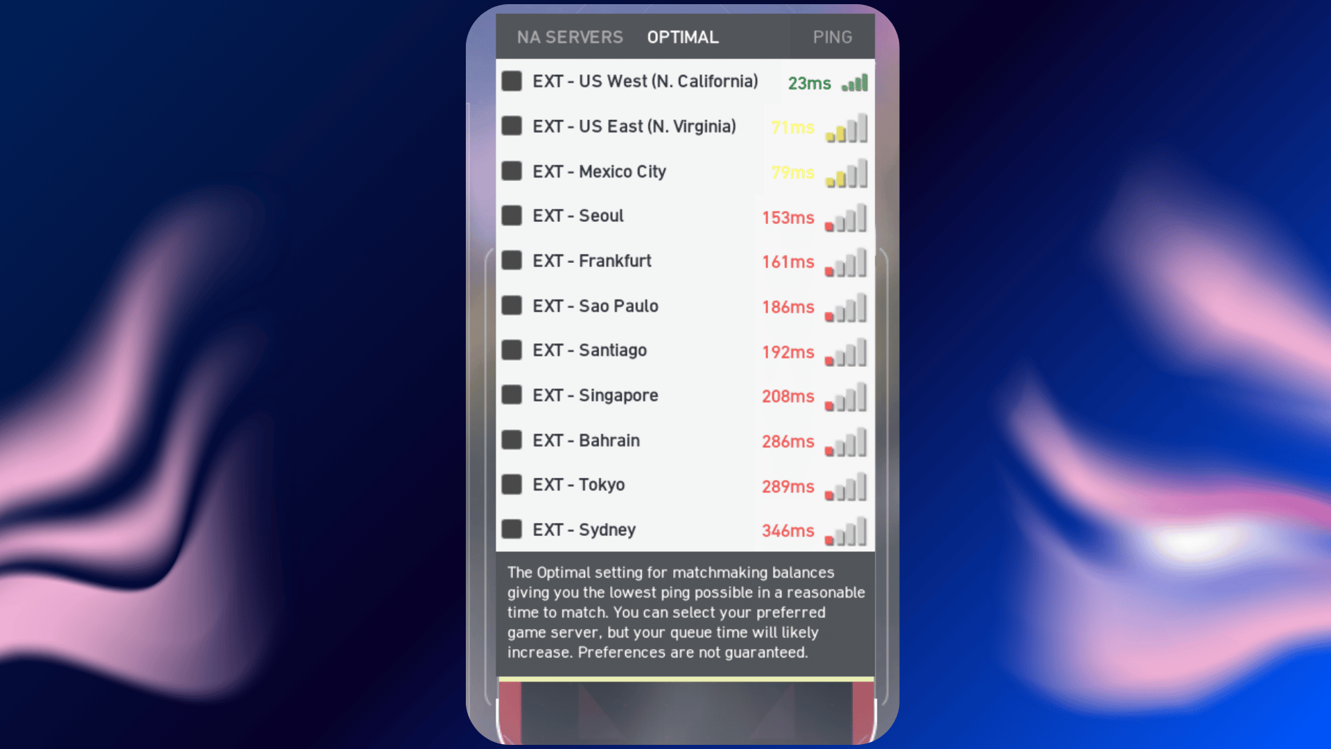 Game server selection screen showing different regions with ping values in milliseconds.