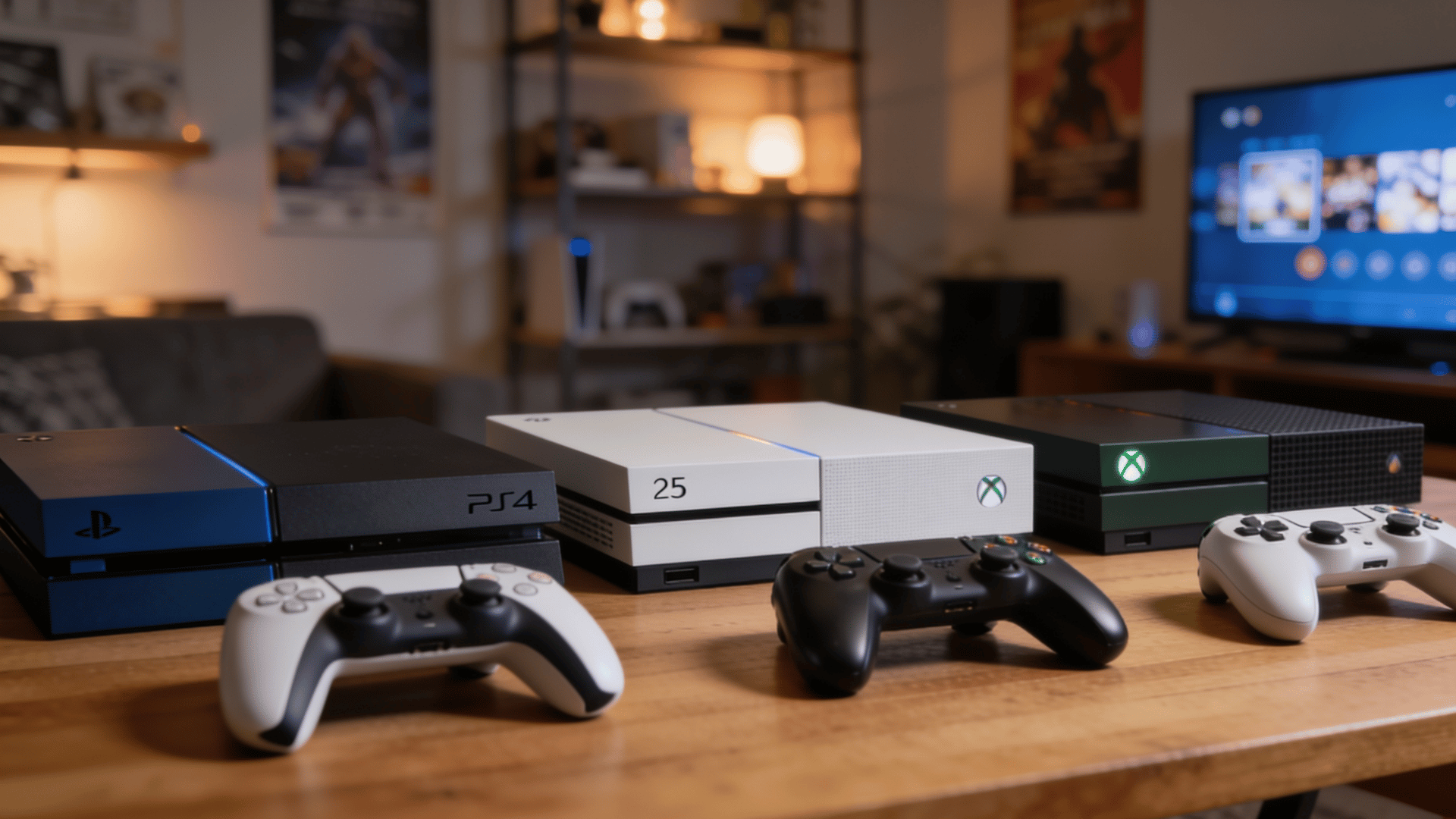 Gaming room setup with PlayStation and Xbox consoles, controllers, and a TV displaying a gaming interface.