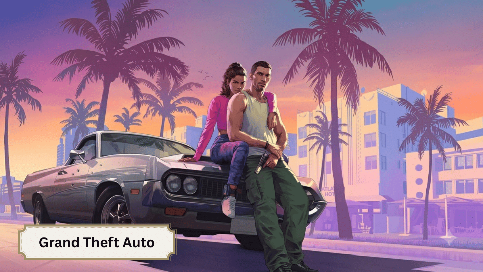 Grand Theft Auto artwork with two characters beside a classic car on a palm-lined city street at sunset.