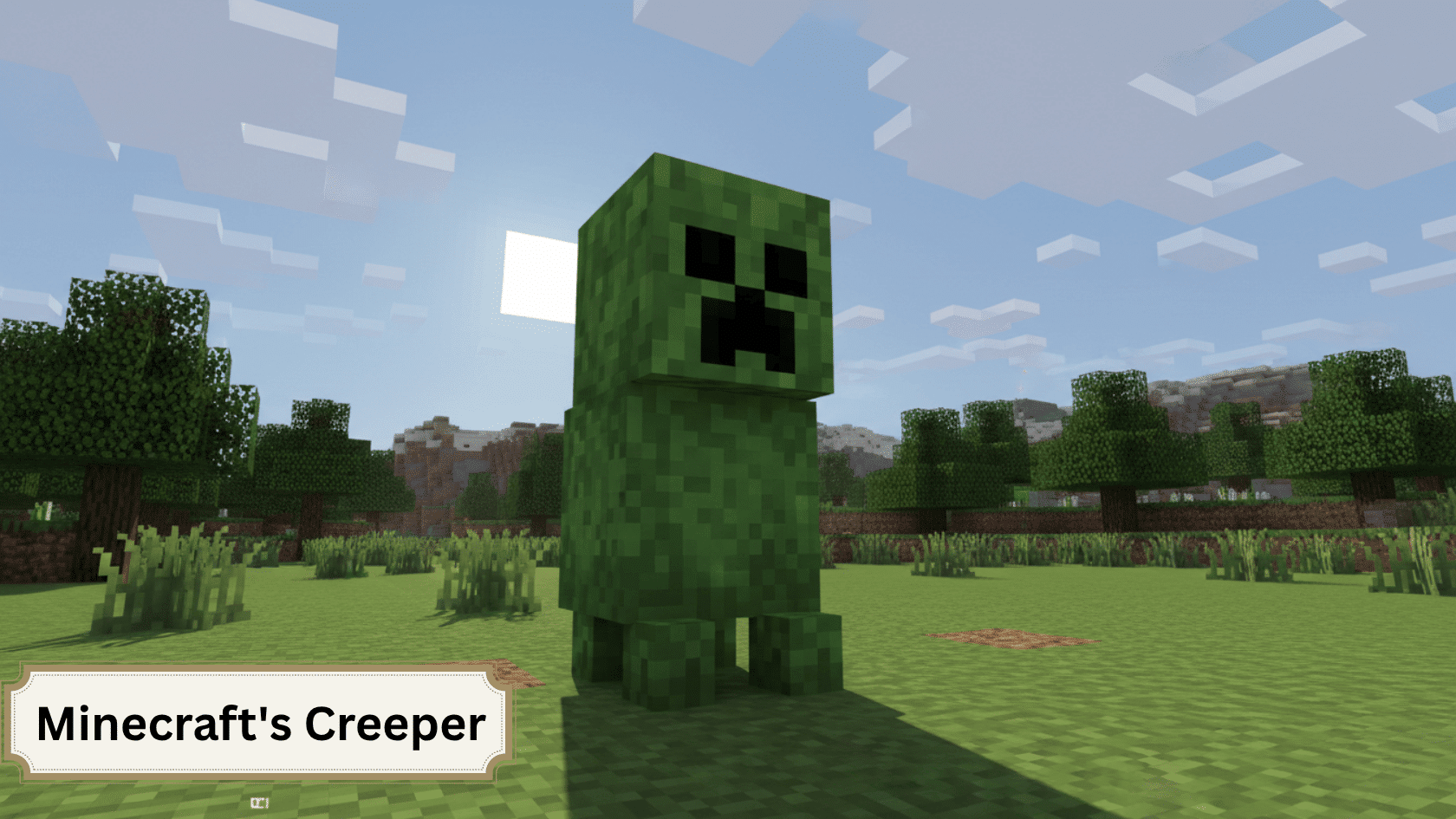Green Creeper in a block-based landscape, representing one of the most recognizable Minecraft video game facts.