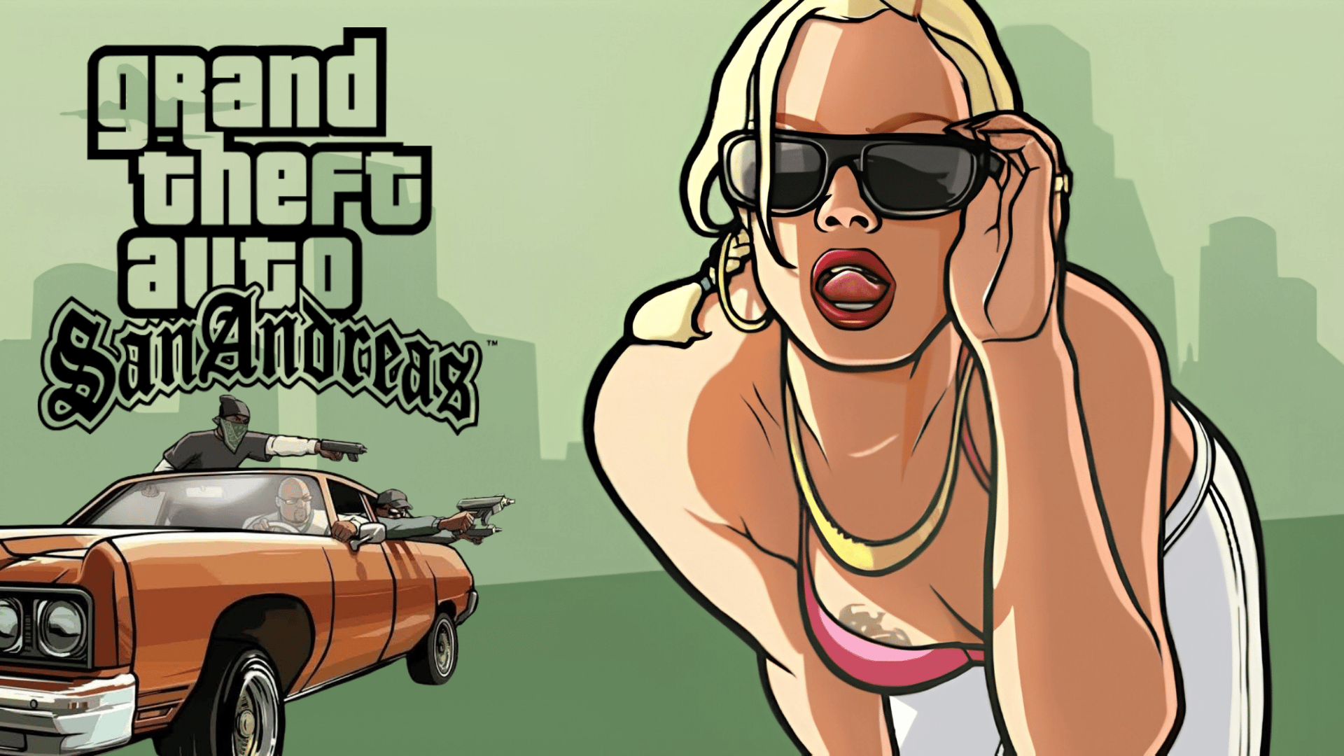 Grand Theft Auto San Andreas game artwork featuring characters, a car, and the game logo.