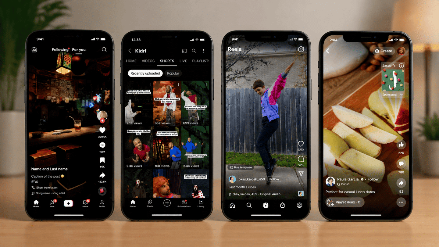 Four phones displaying short video platforms with different video feeds and interfaces.