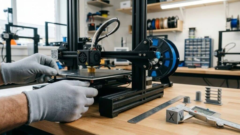3d printer calibration with hands adjusting the bed and measuring a printed cube with digital calipers