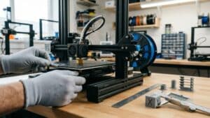 3d printer calibration with hands adjusting the bed and measuring a printed cube with digital calipers