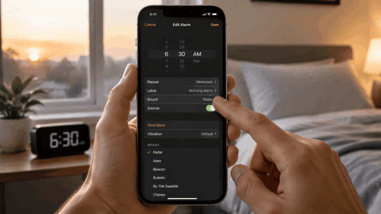 iPhone alarm settings screen with Sound option selected for how to change alarm sound on iphone