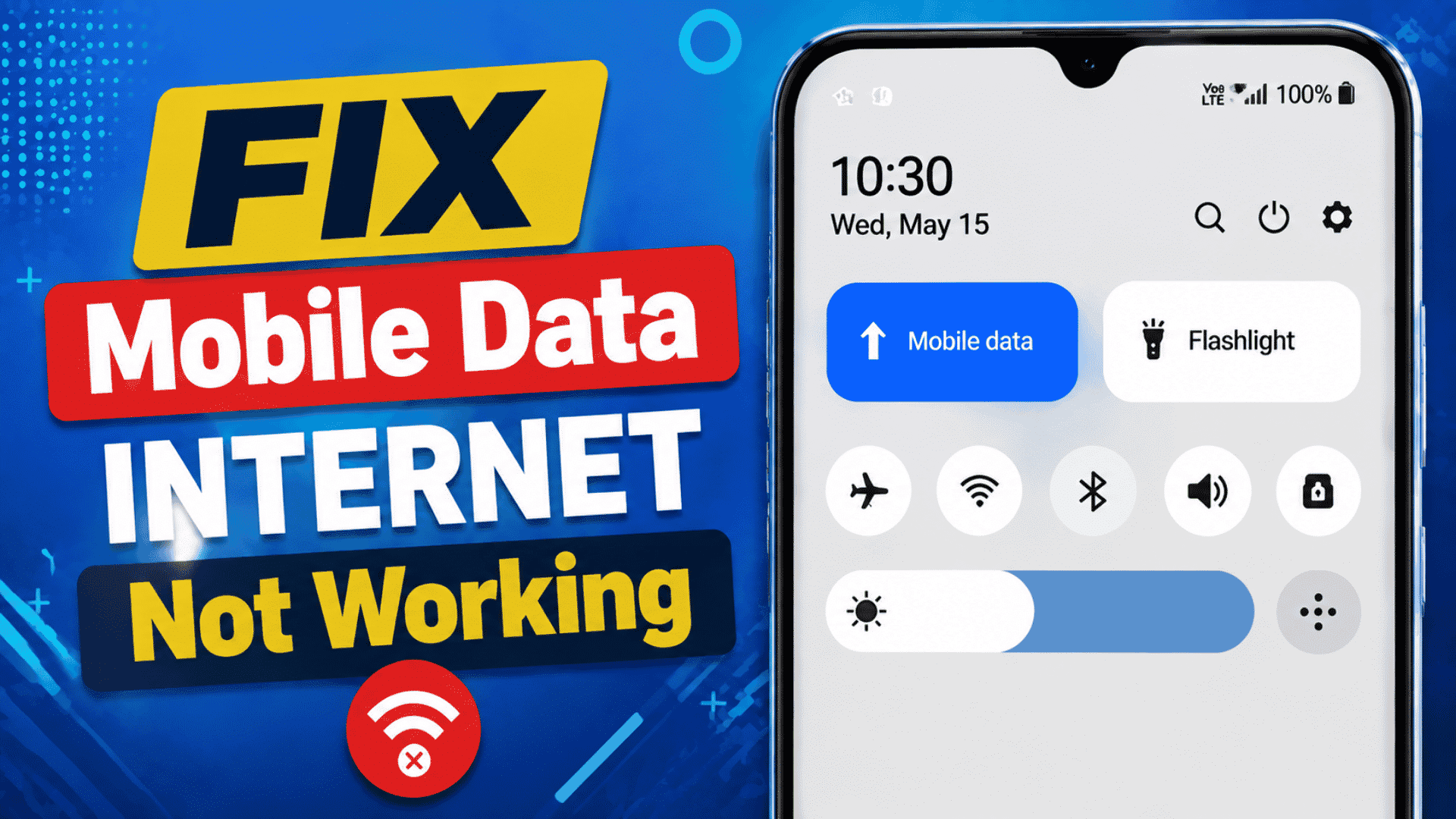 Mobile Data Not Working text beside an Android phone showing mobile data settings and quick settings icons