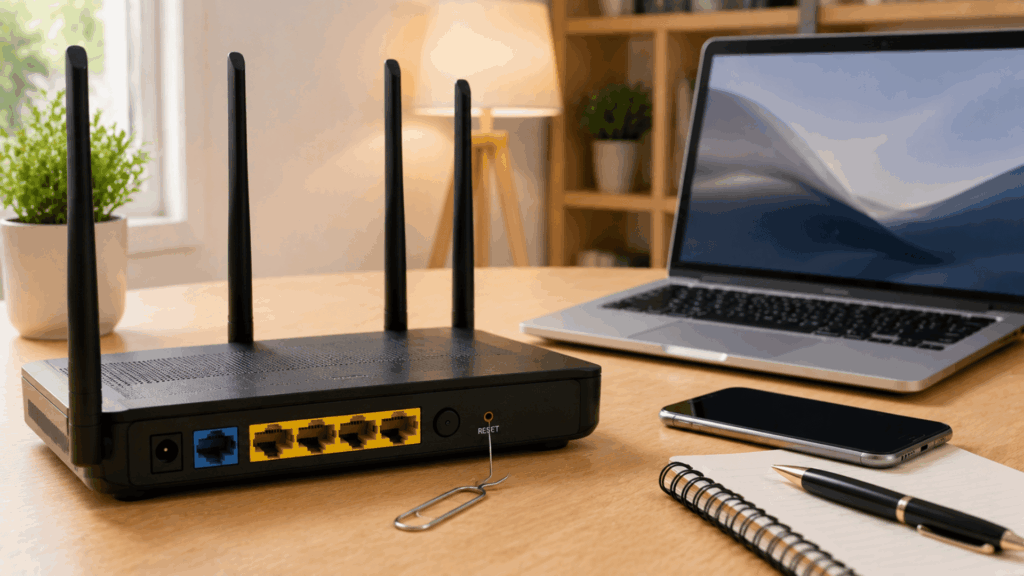 How to reset a router password with router reset button, paperclip, laptop, smartphone, and notebook on desk