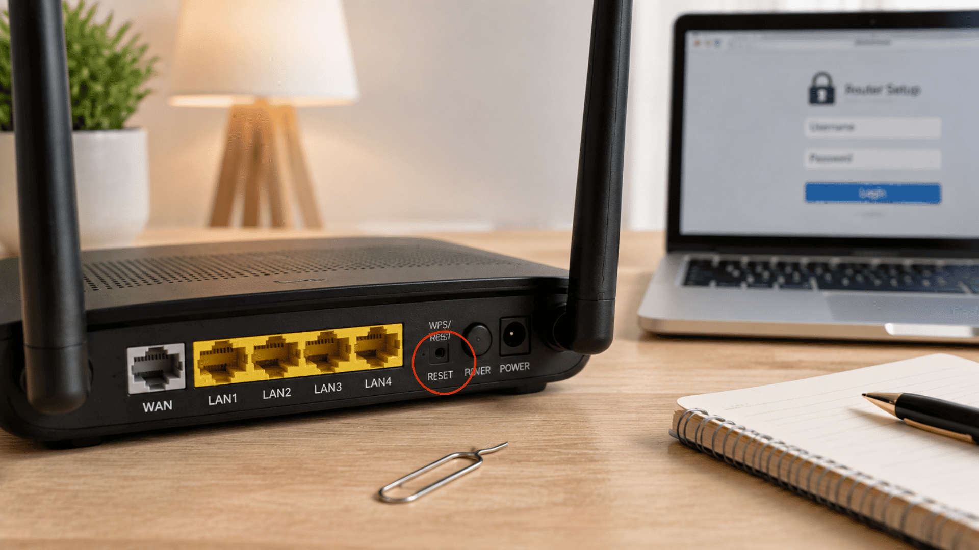 how to reset a router password with router reset button, laptop login screen, paperclip, and notebook on desk