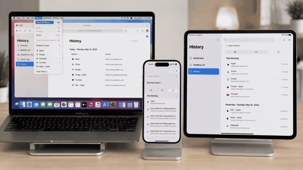 How to View History on Safari: iPhone, iPad & Mac with Safari history screens on laptop, phone, and tablet