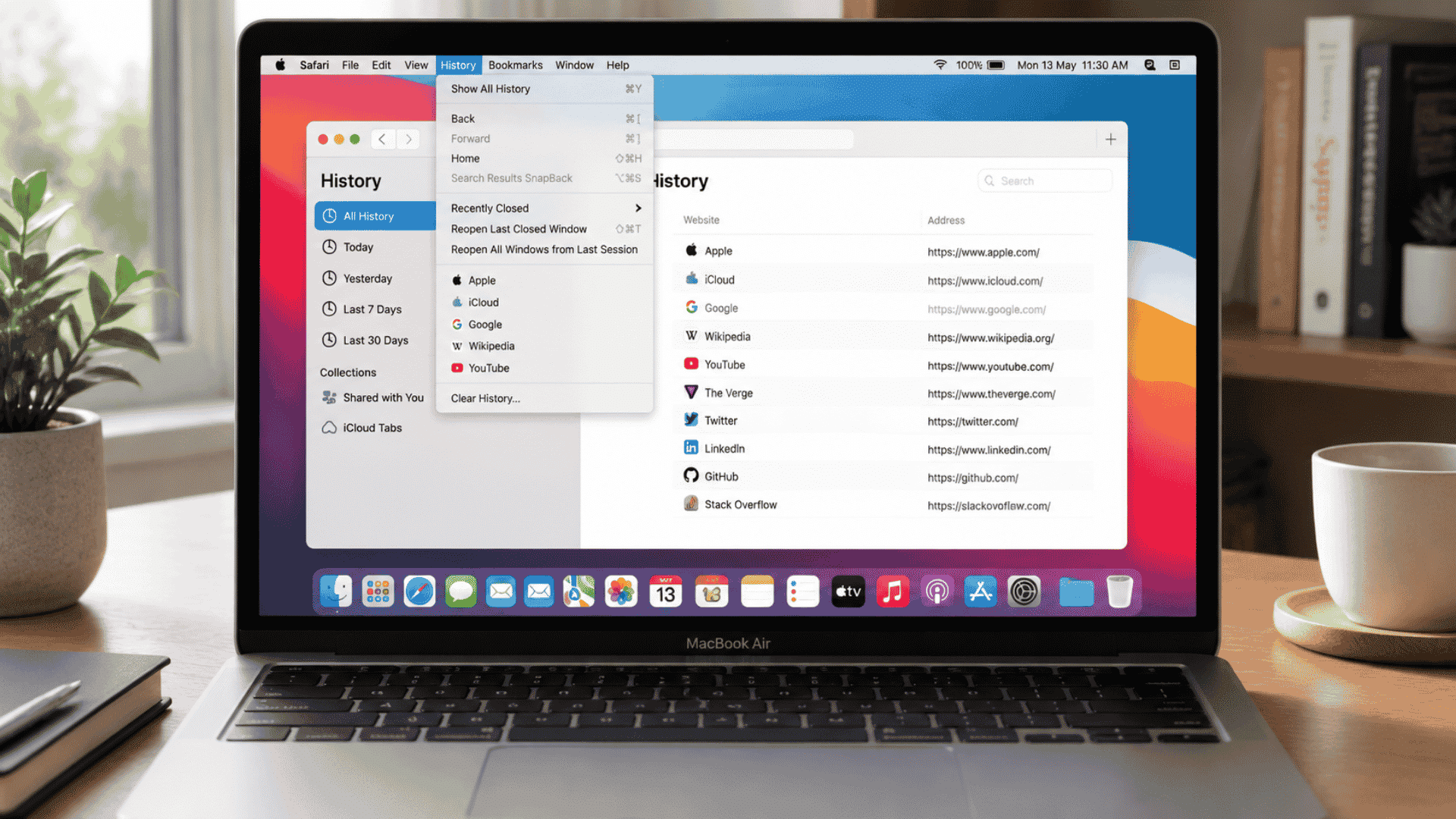 How to View History on Safari: iPhone, iPad & Mac showing Safari History menu and website list on MacBook screen