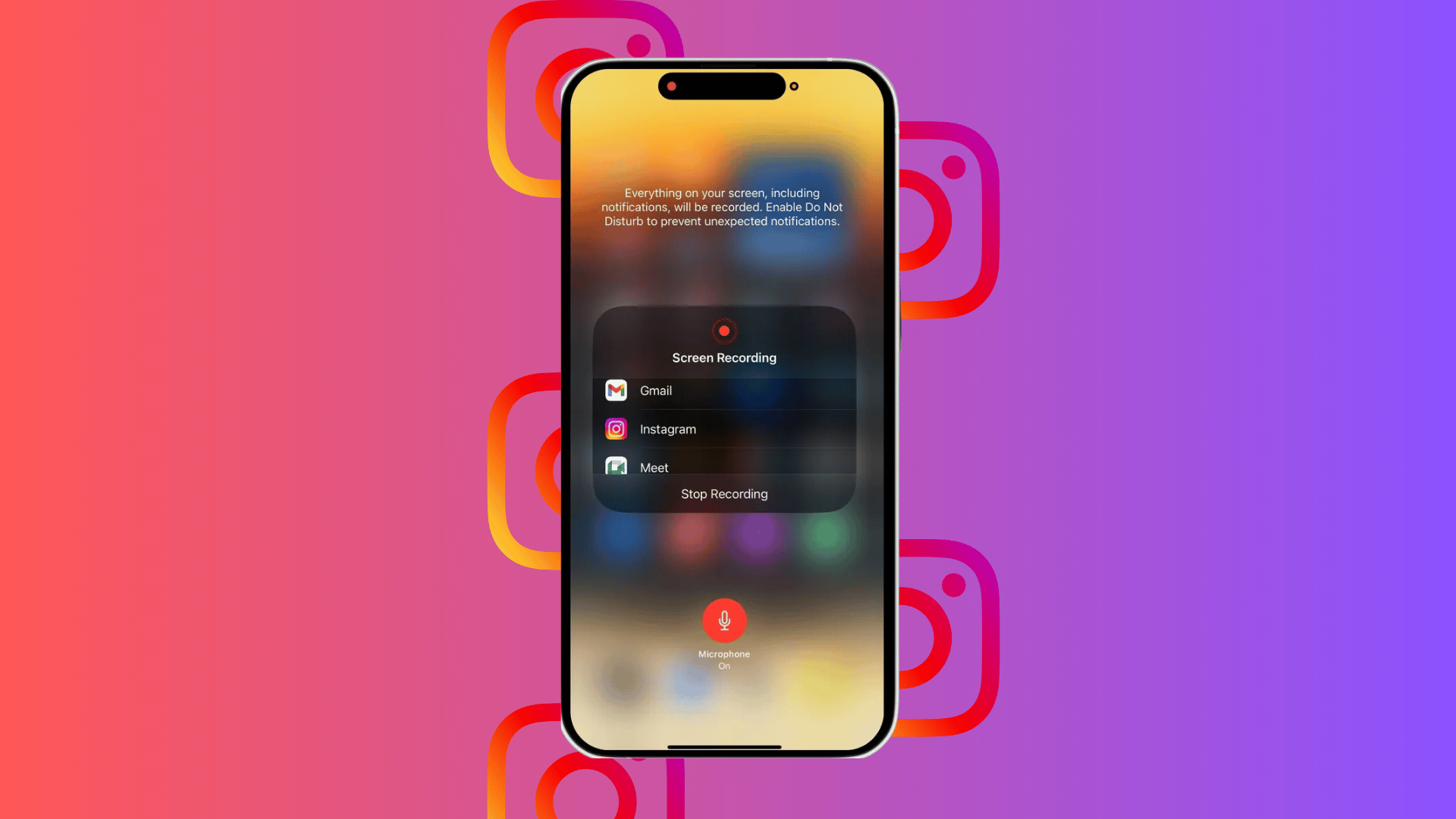 iPhone screen showing Instagram screen recording controls with microphone enabled against a pink and purple background.
