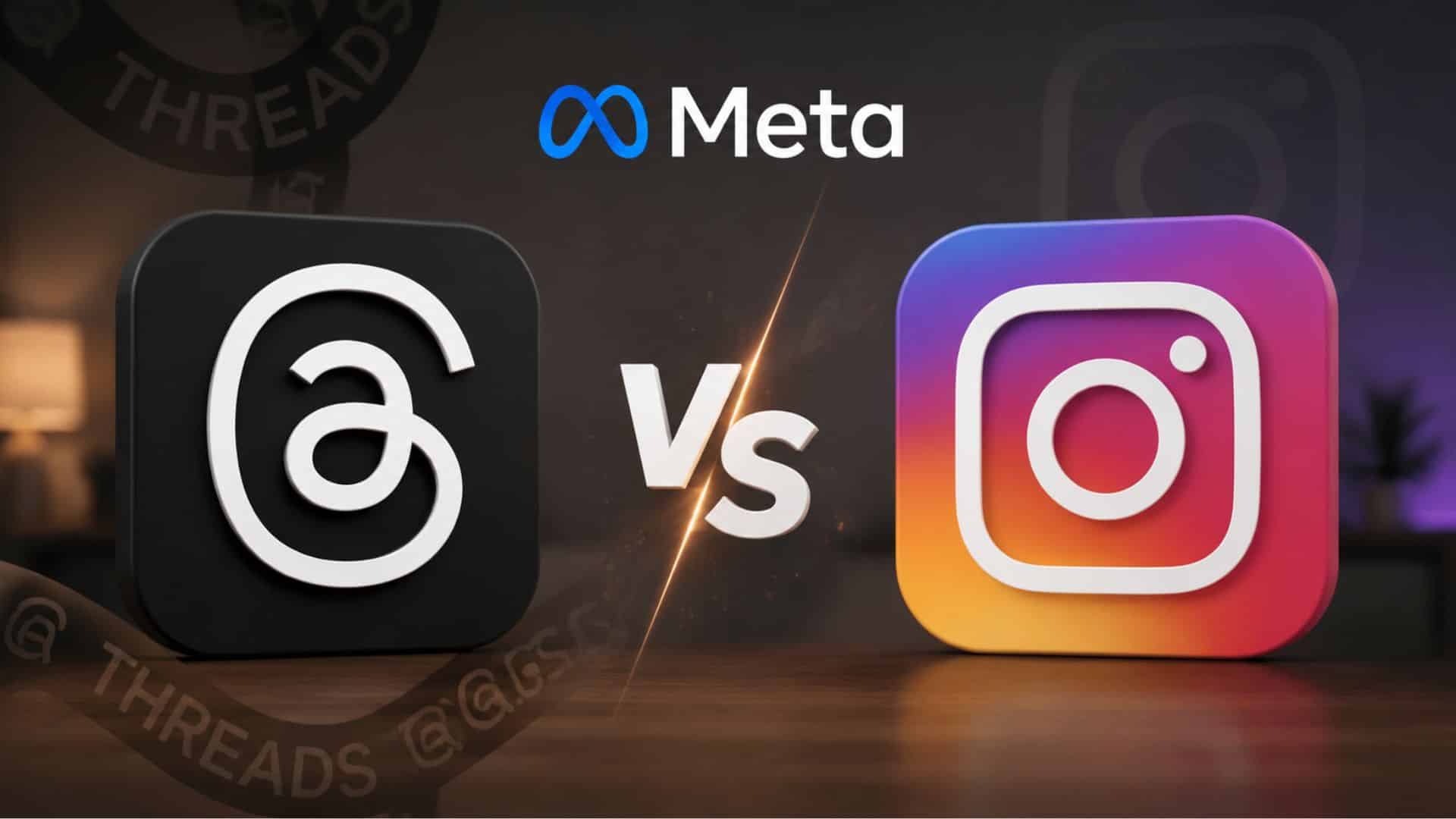 instagram vs threads comparison showing meta apps with threads and instagram logos on a dark background