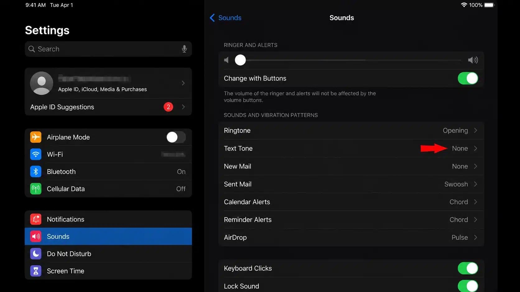 ipad sound settings showing alert tone changed to none option for notifications