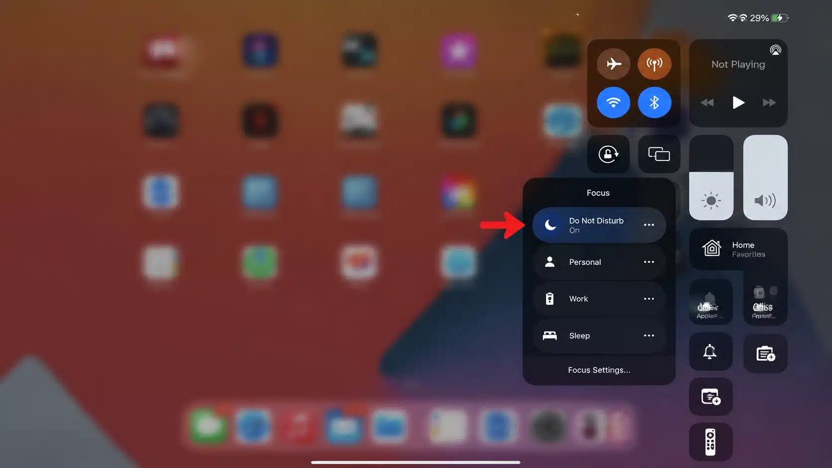 ipad control center showing do not disturb focus mode for silencing alerts