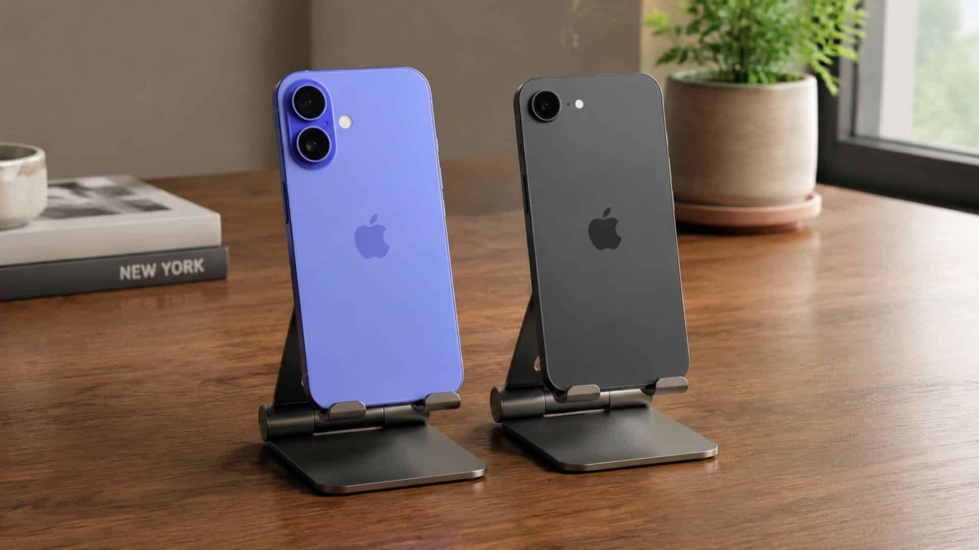 iphone 16e review showing iphone 16 difference with both models displayed on stands for comparison