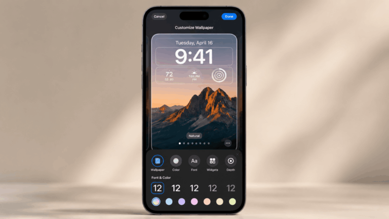iPhone lock screen settings customization screen with wallpaper, clock, font, color, widgets, and depth options displayed