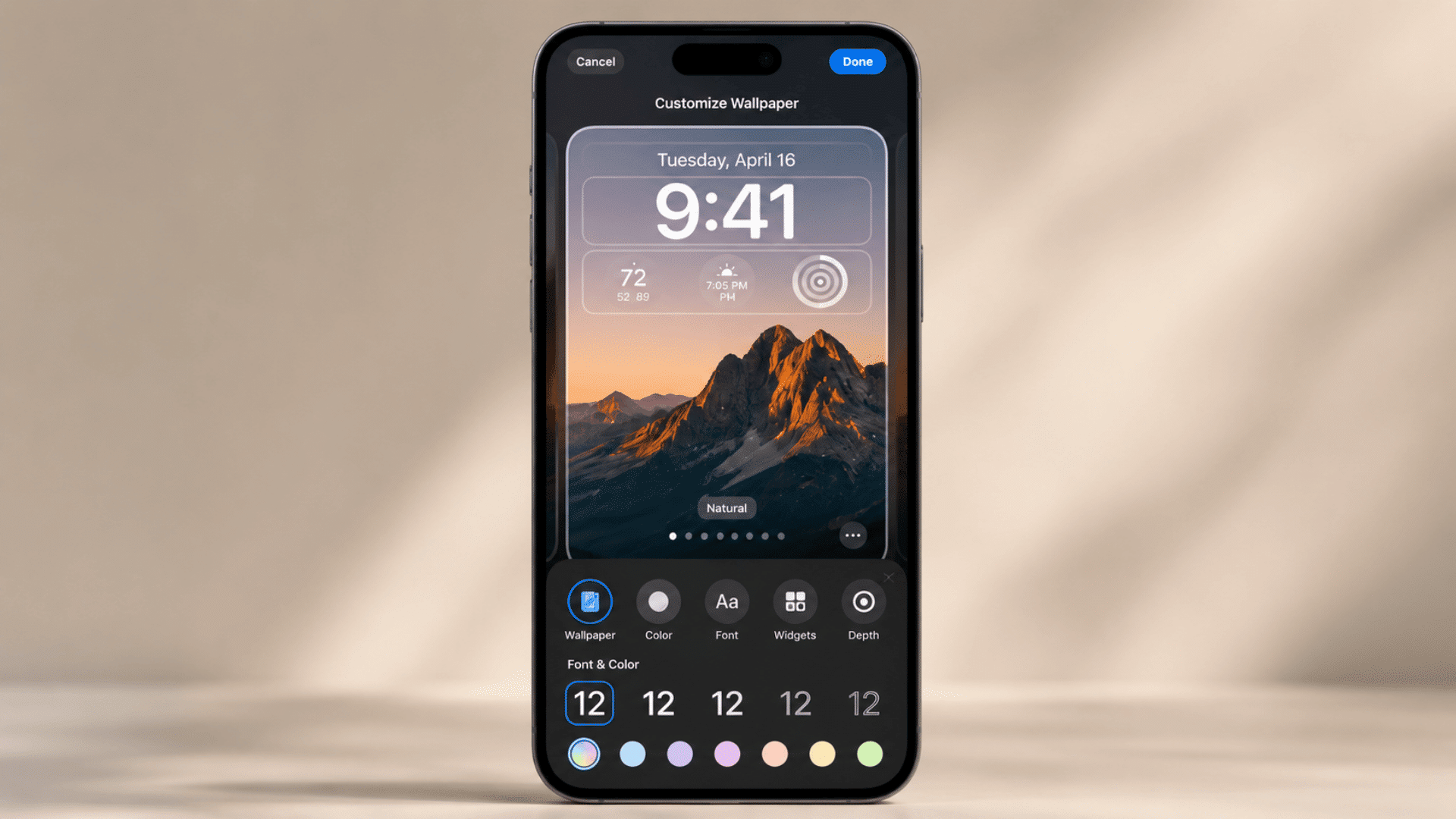 iPhone lock screen settings customization screen with wallpaper, clock, font, color, widgets, and depth options displayed