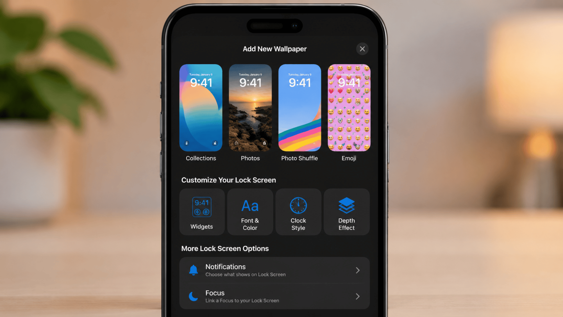 iphone lock screen settings wallpaper options with widgets, font, clock style, depth effect, notifications, and Focus settings on iPhone display