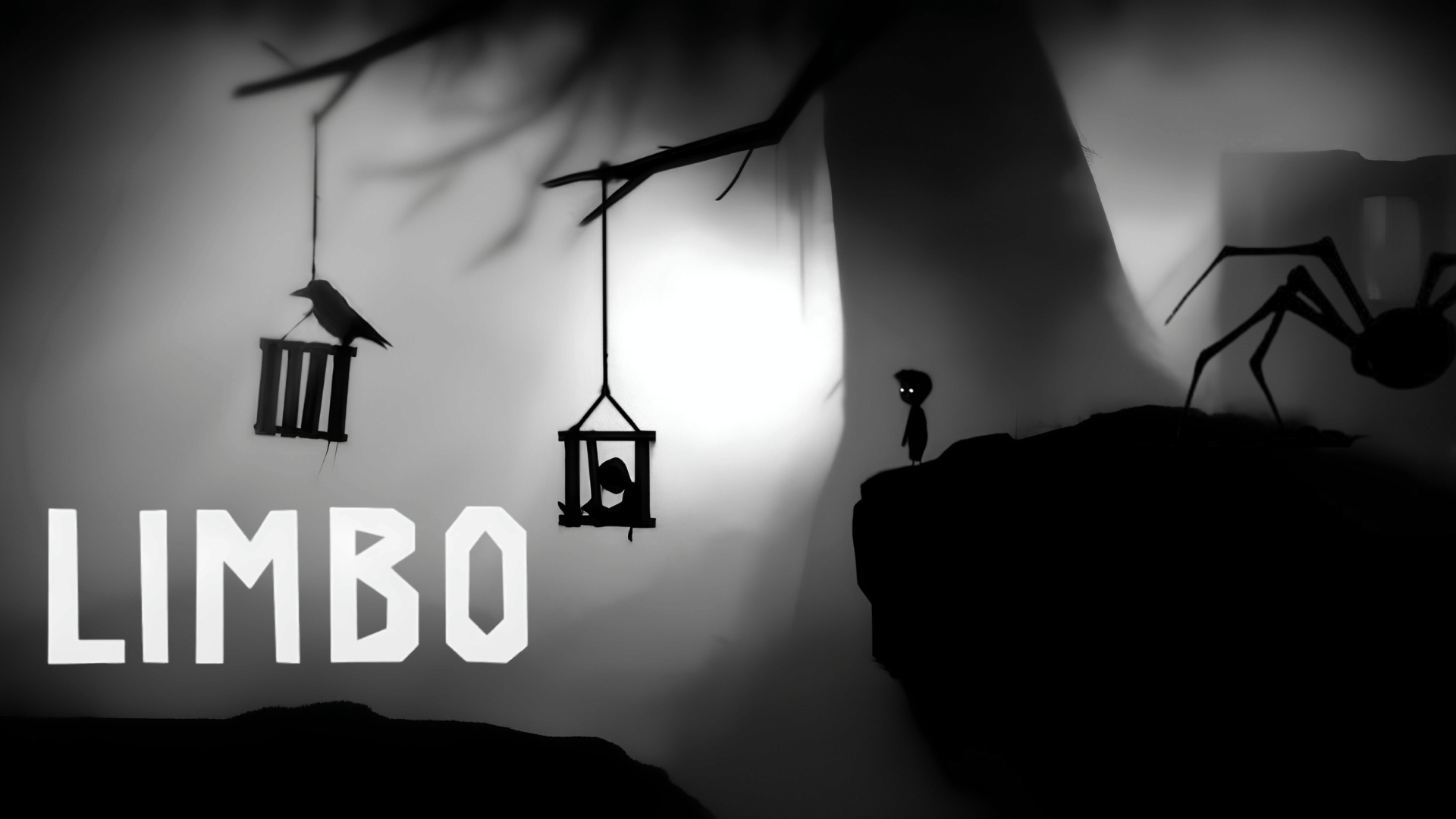 Limbo game artwork featuring a silhouetted character, giant spider, dark forest scene, and game logo.