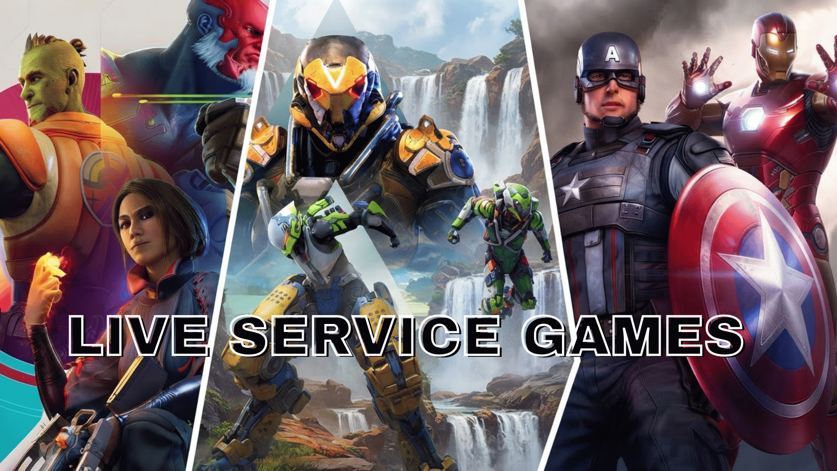 Live service games featuring futuristic characters, armored heroes, and action scenes from popular gaming worlds.