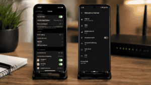 iPhone and Android phones on stands displaying Mobile Data Not Working settings screens on a desk.
