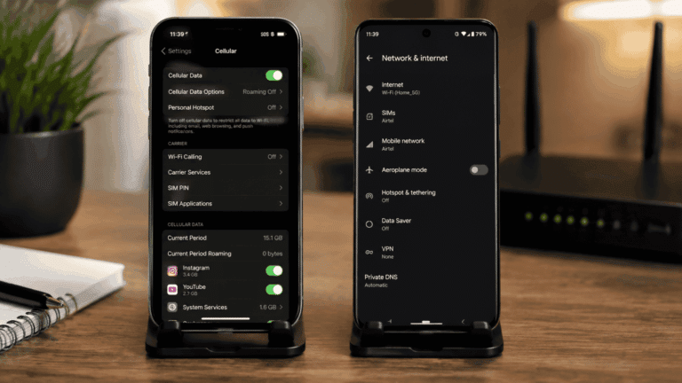iPhone and Android phones on stands displaying Mobile Data Not Working settings screens on a desk.