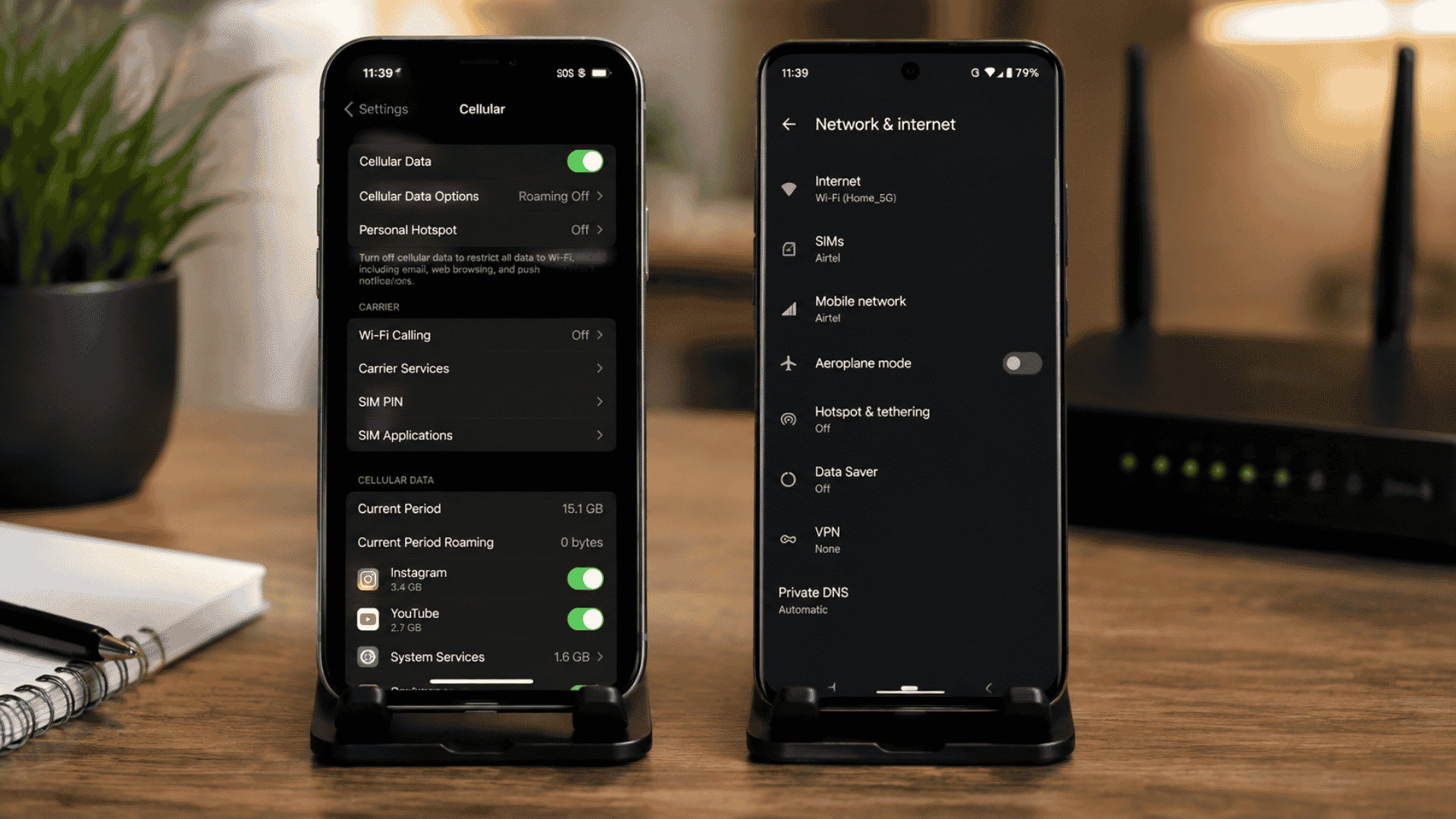 iPhone and Android phones on stands displaying Mobile Data Not Working settings screens on a desk.