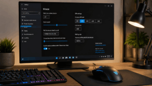 Mouse settings screen showing cursor speed, DPI settings, polling rate, and scroll options on Windows