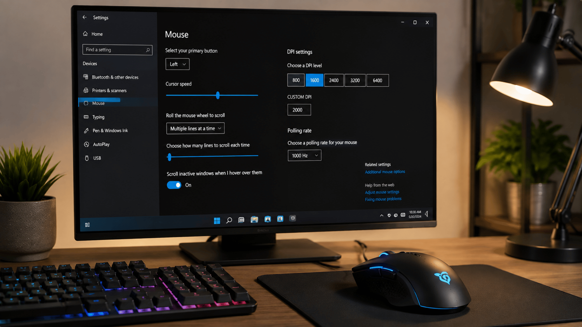 Mouse settings screen showing cursor speed, DPI settings, polling rate, and scroll options on Windows