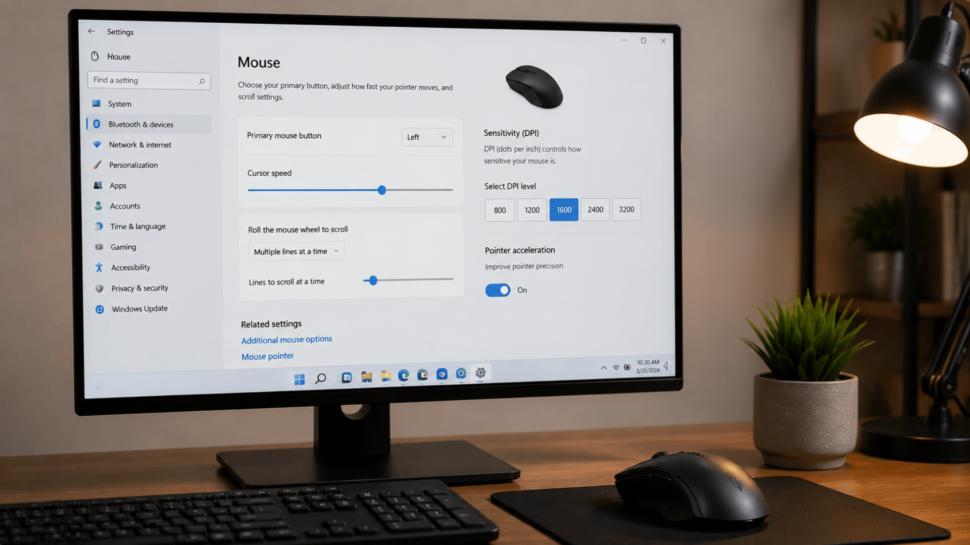 Mouse settings screen showing cursor speed, DPI levels, pointer acceleration, and scroll options in Windows