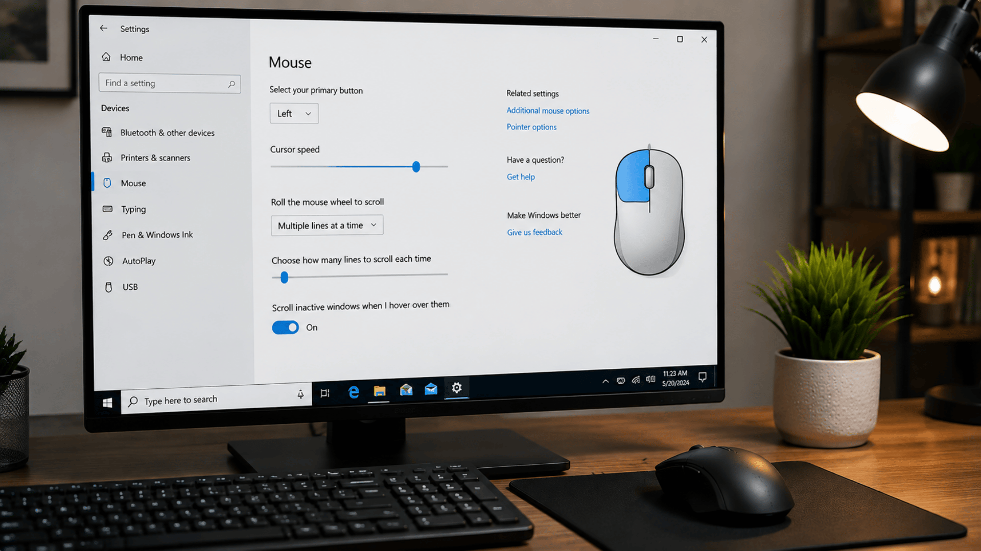 Mouse settings screen showing cursor speed, primary button, scroll options, and pointer options in Windows