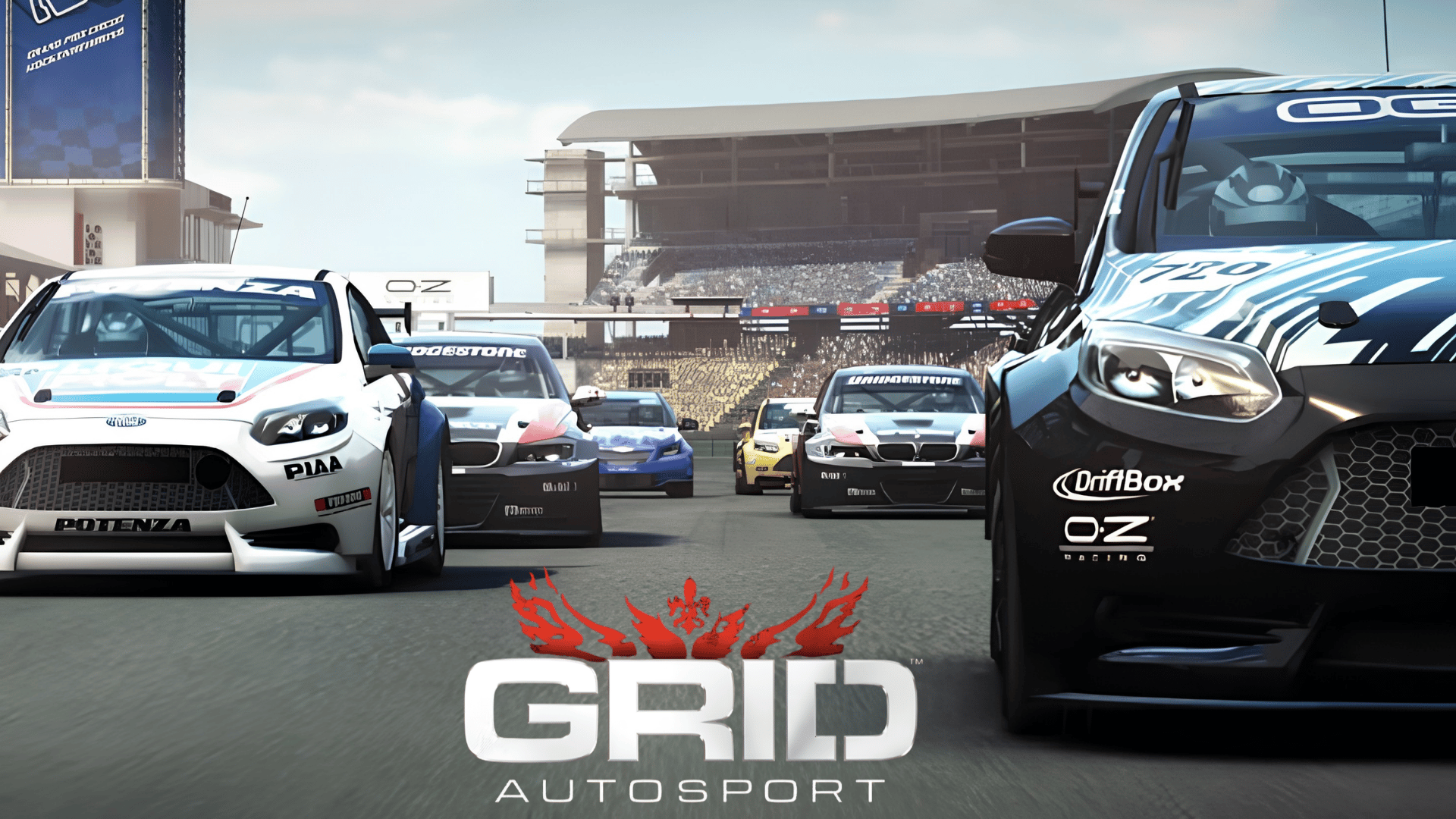GRID Autosport racing game artwork featuring multiple cars lined up on a track with a stadium background.