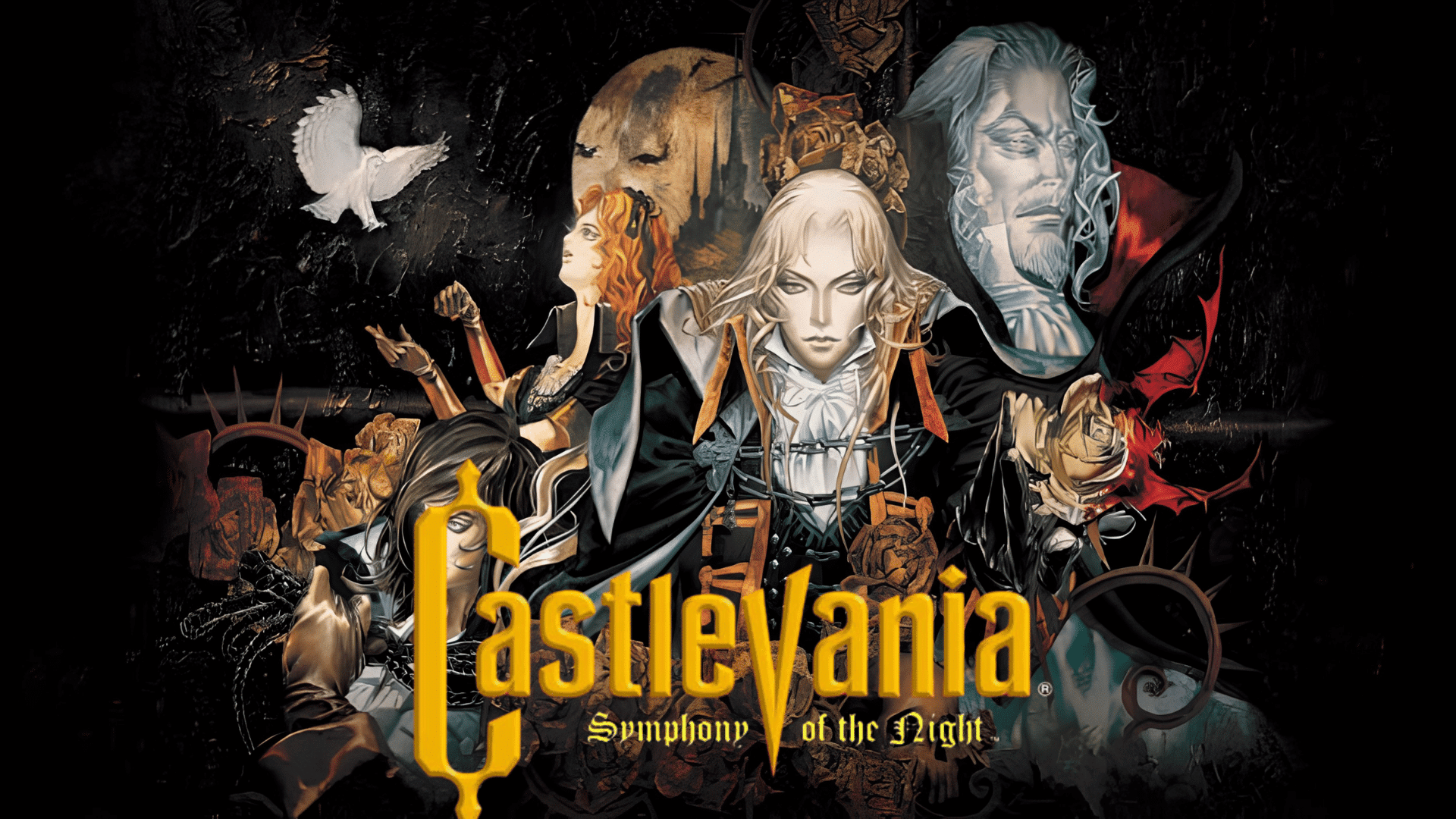 Castlevania Symphony of the Night game artwork featuring multiple gothic characters and the game logo.
