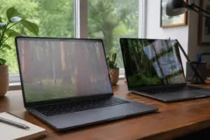 Macbook pro showing nano texture glass comparison in realistic workspace lighting
