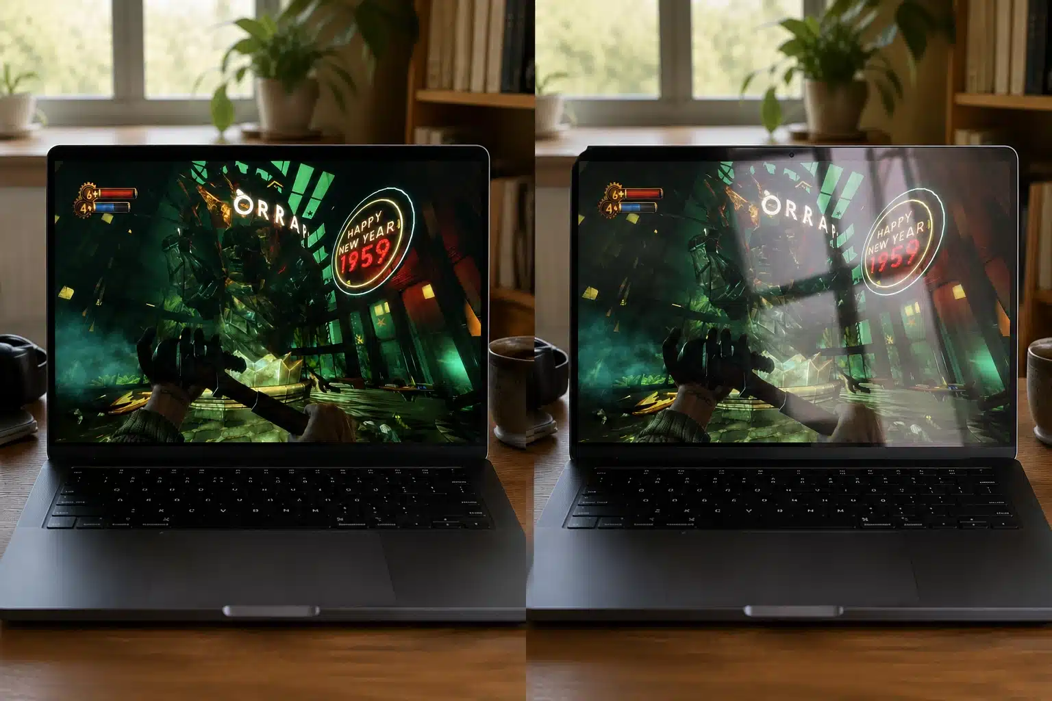 two laptops comparing glossy and nano texture displays in everyday lighting conditions