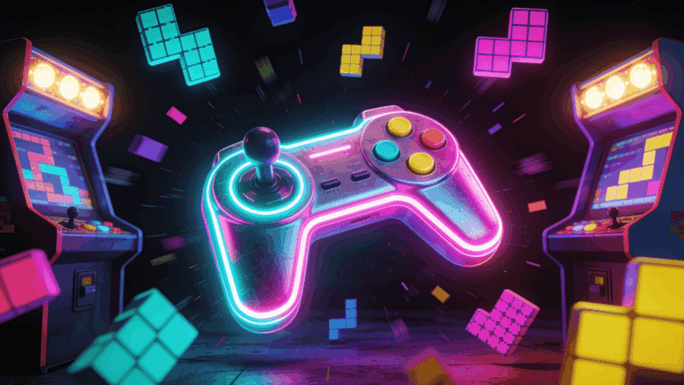 Neon game controller surrounded by arcade machines and colorful falling blocks, representing classic video game facts.