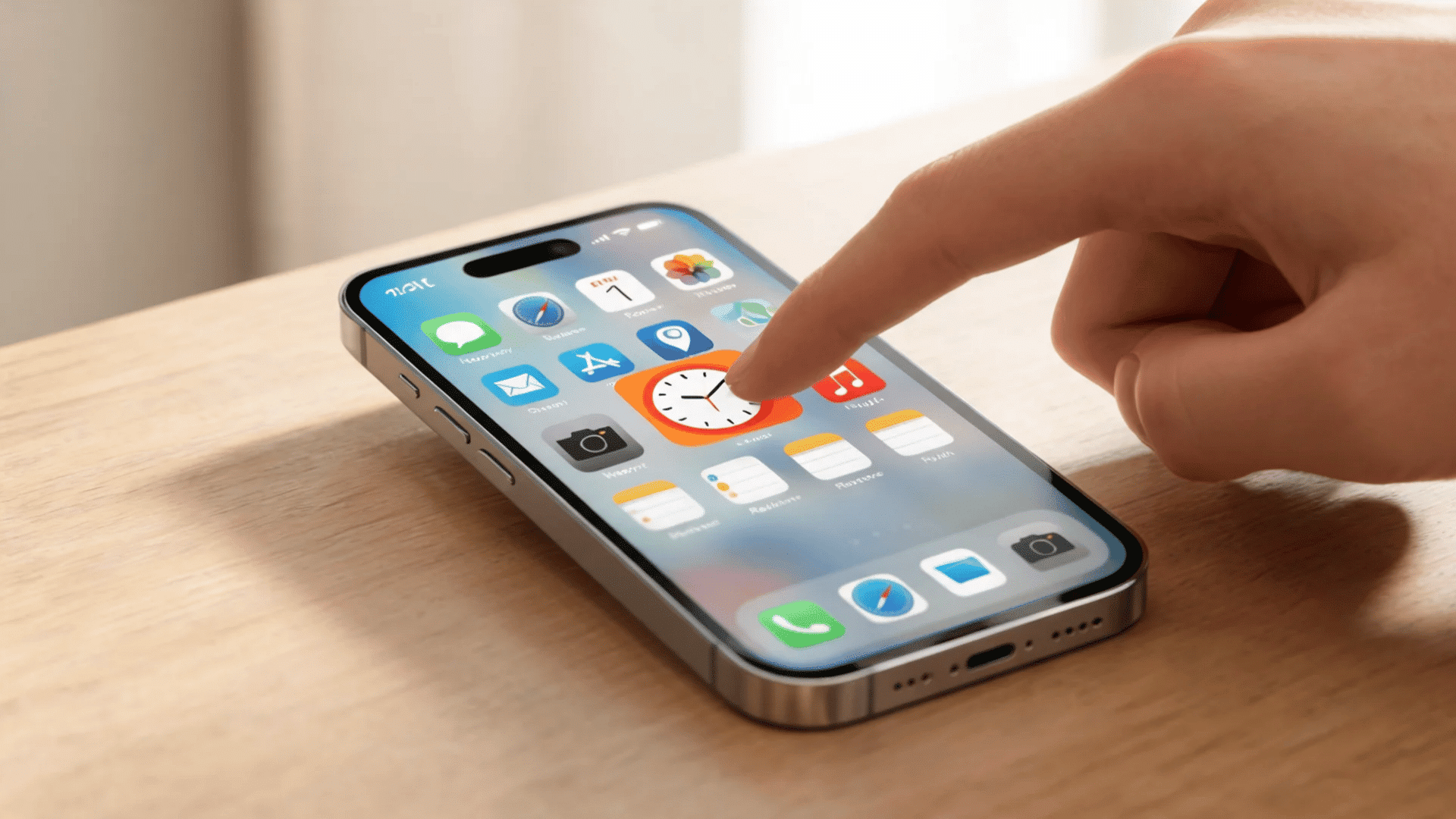 how to change alarm sound on iphone with iPhone screen, Clock app icon, and a hand touching the display