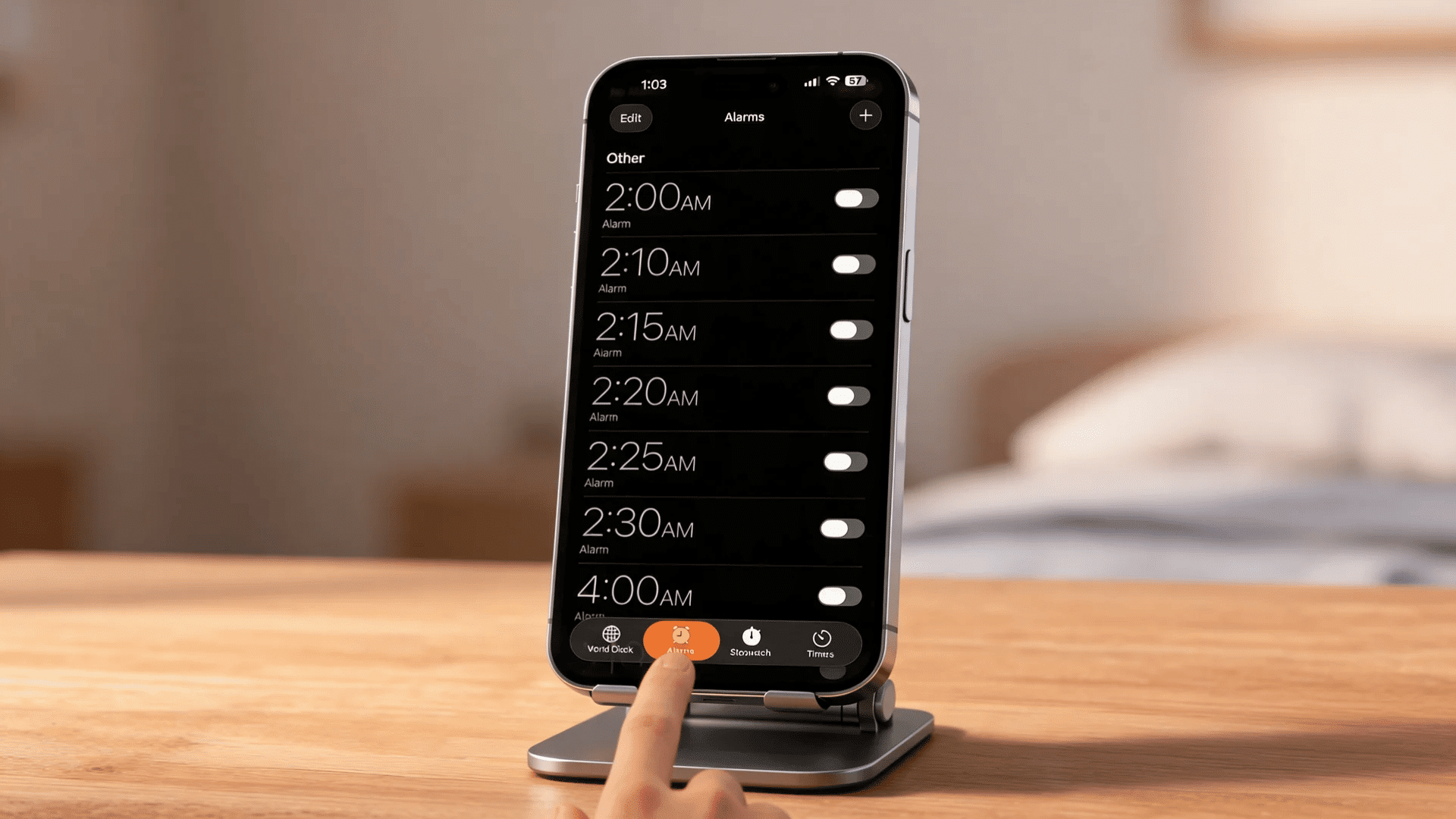 how to change alarm sound on iphone with Clock app alarms list on phone screen