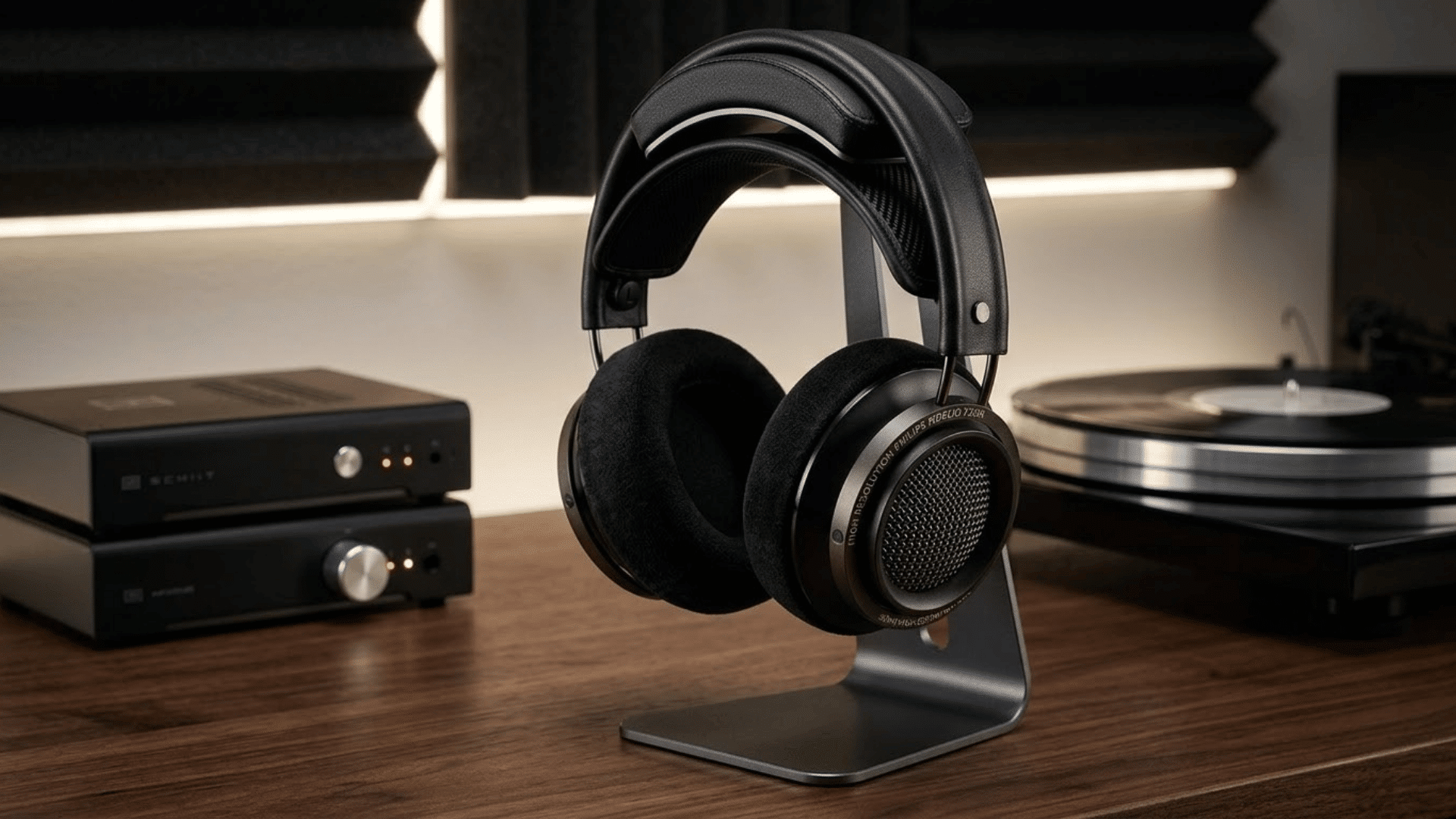 Black over-ear headphones displayed on a stand beside audio equipment and a turntable.