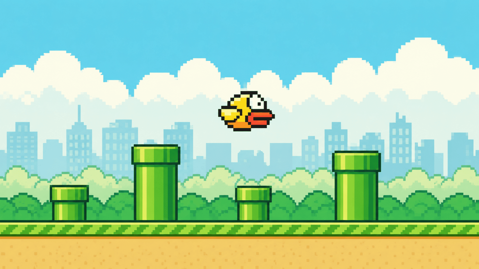 Pixel-style bird flying between green pipes over a city skyline