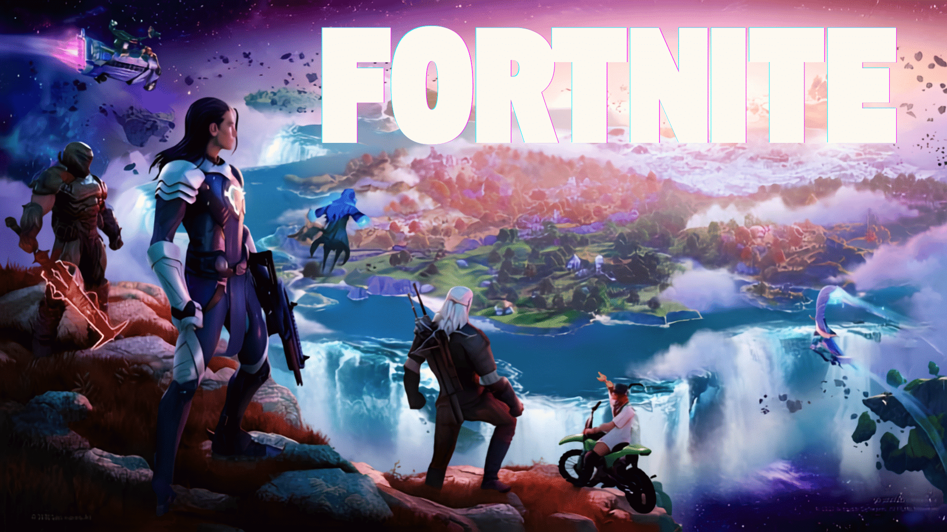 Fortnite game artwork featuring characters, island landscape, flying vehicles, and the Fortnite logo.